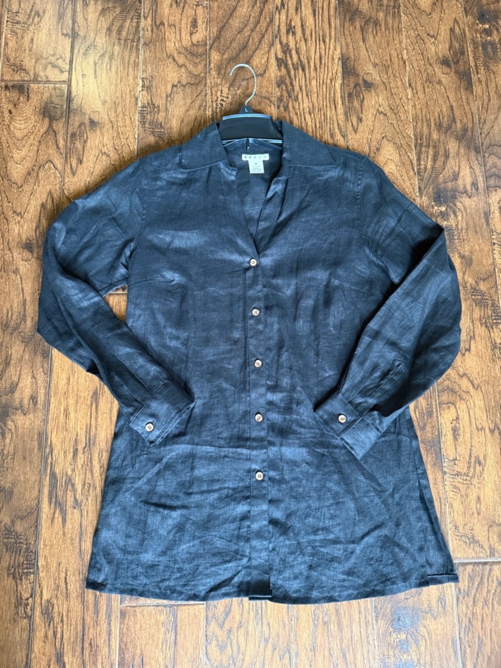 5 Diamonds Black Linen Button-Front Tunic Shirt, size medium